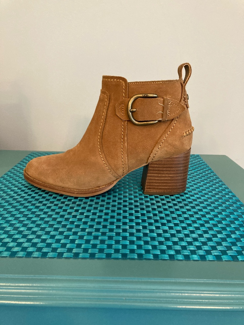 UGG Chestnut Suede Buckle Ankle Bootie with Block Heel Women Size 7